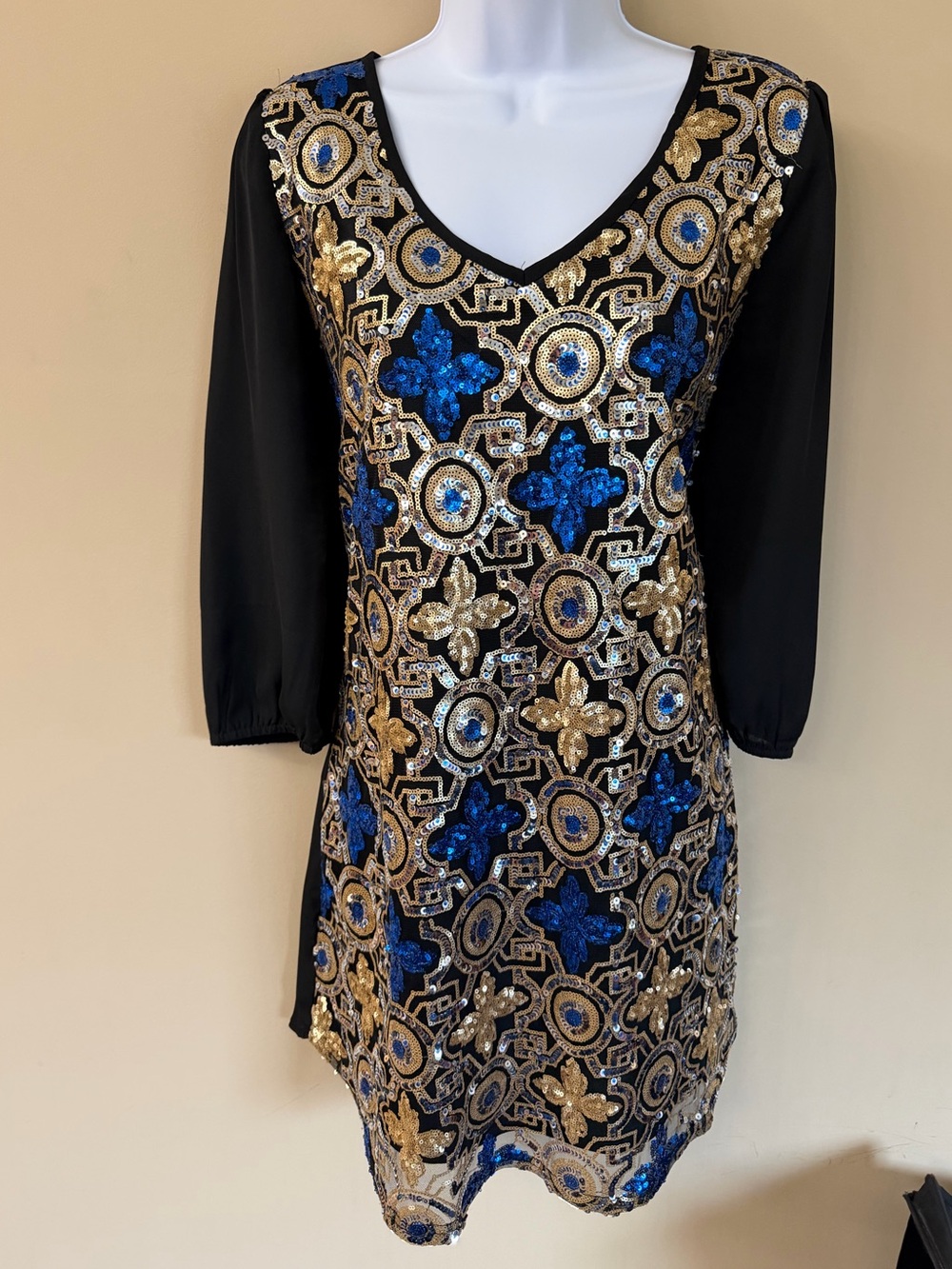 Stunning Blue/Gold Sequin Dress from Pink Owl, Size L